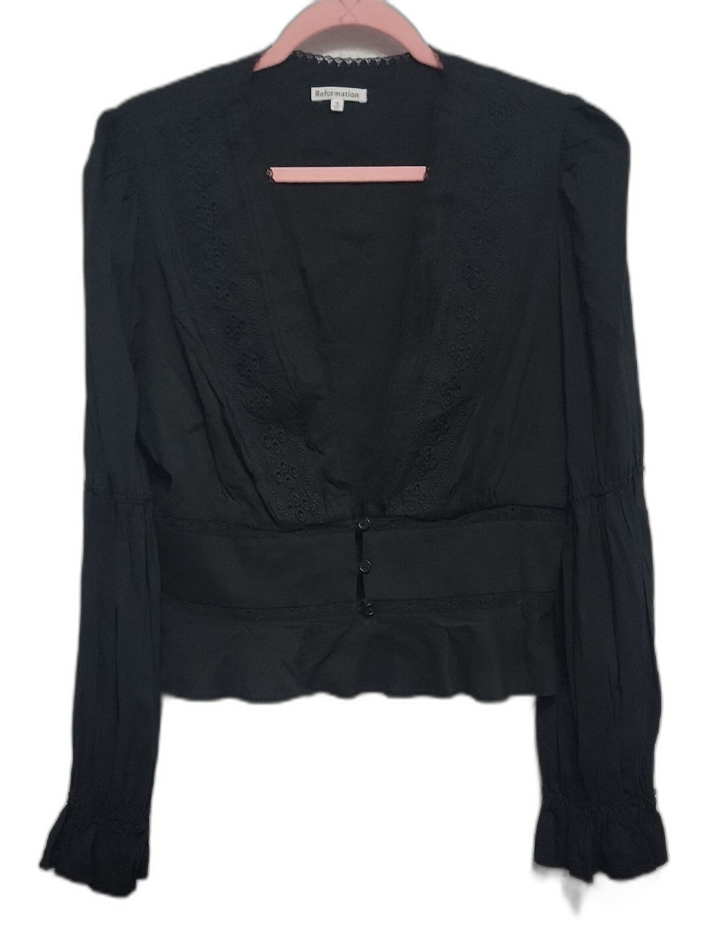 Reformation Whimsygoth Black Deep V-Neck Eyelet-Trim Long Sleeve Blouse